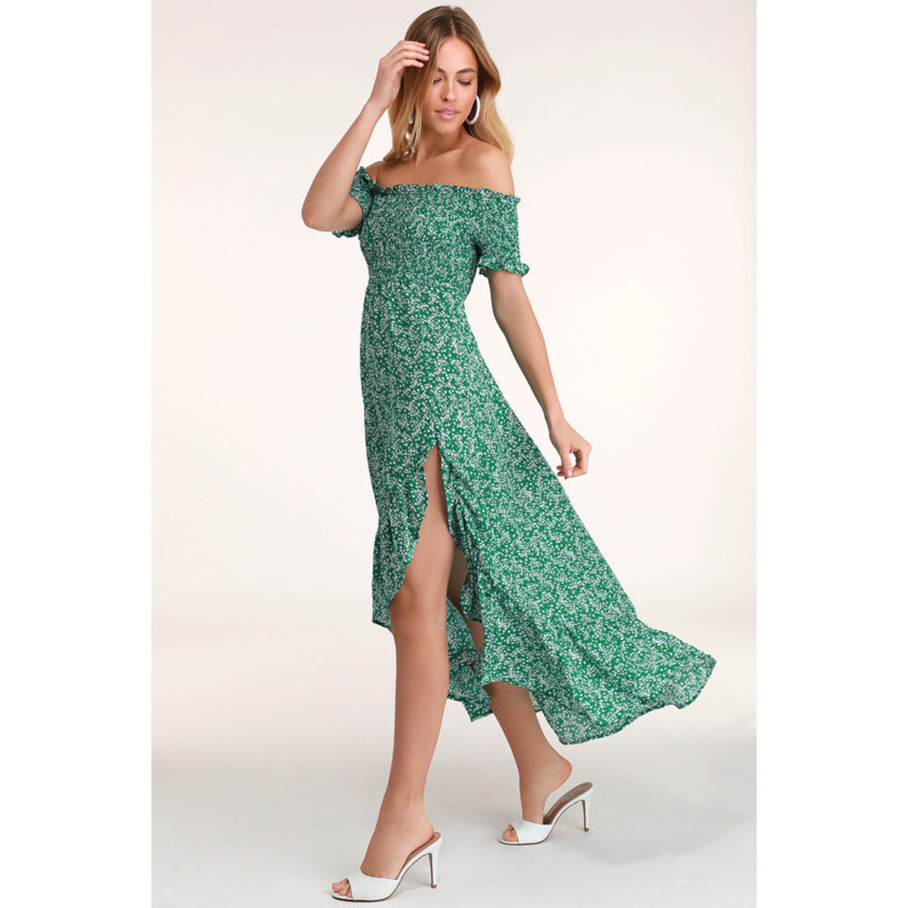 Lulus Fleur-tation Green Floral Print Off-the-shoulder Midi Dress - Size M